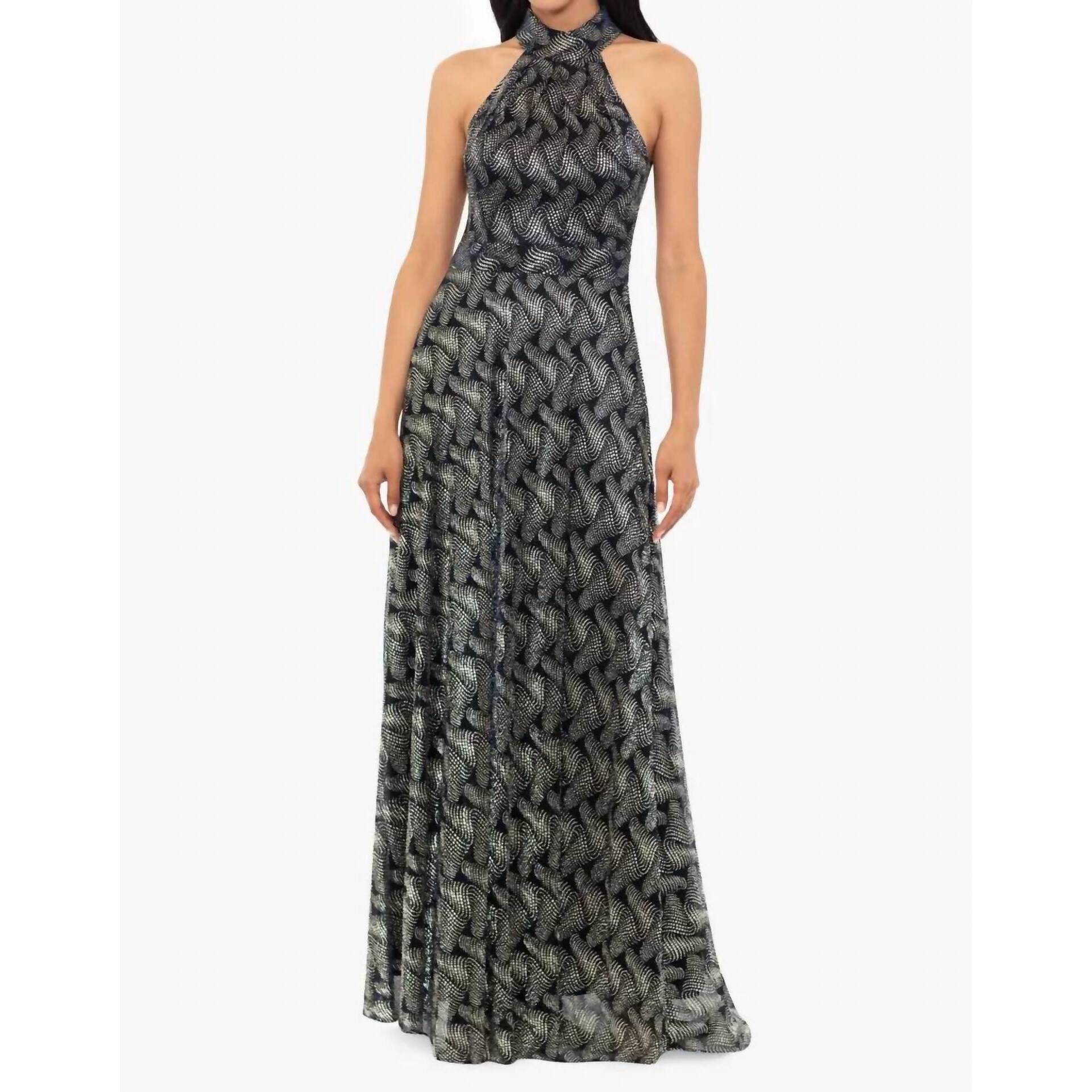 New Betsy & Adam Vilma Halter Neck Foil Print Maxi Dress In Navy Blue With Gold